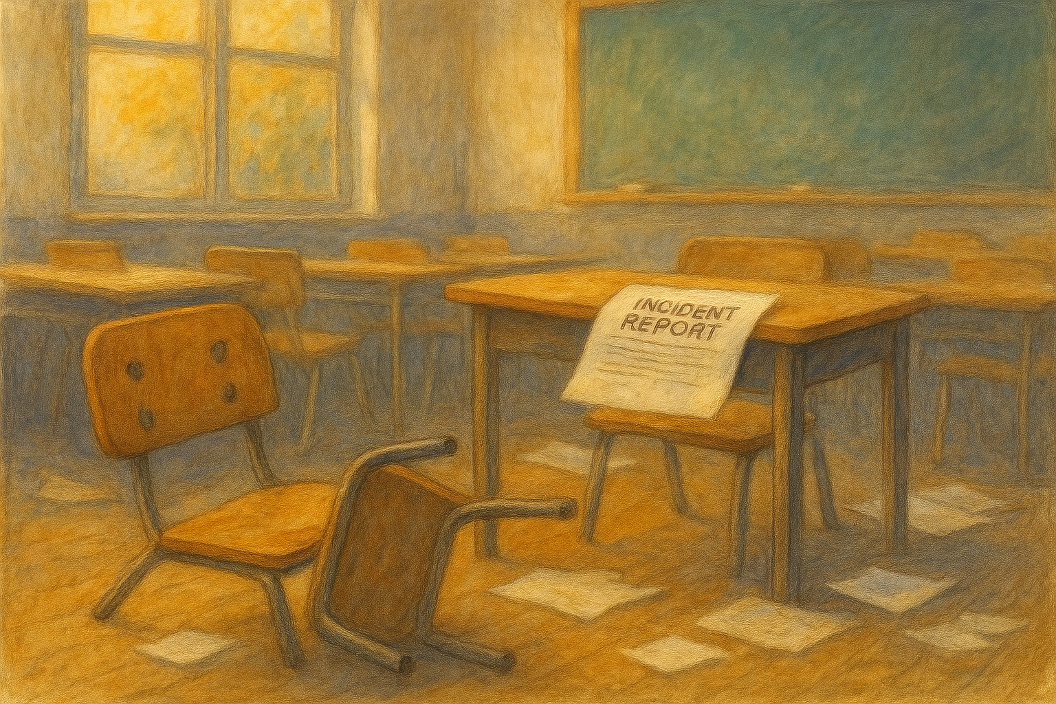 A quiet table with paperwork after a difficult school meeting. A folder and notes sit under soft light.