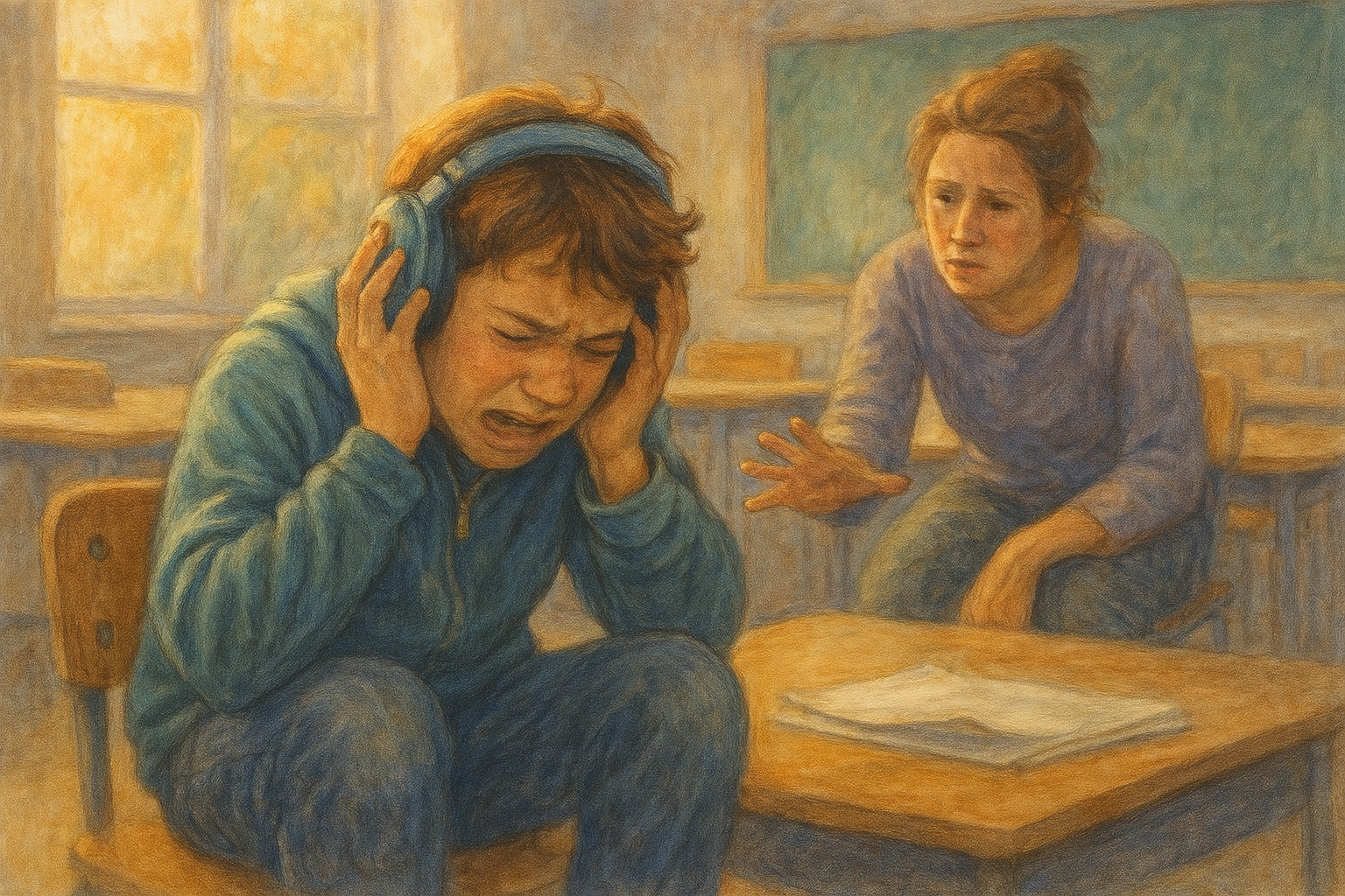 A child sitting at a desk looking overwhelmed during a normal school day.