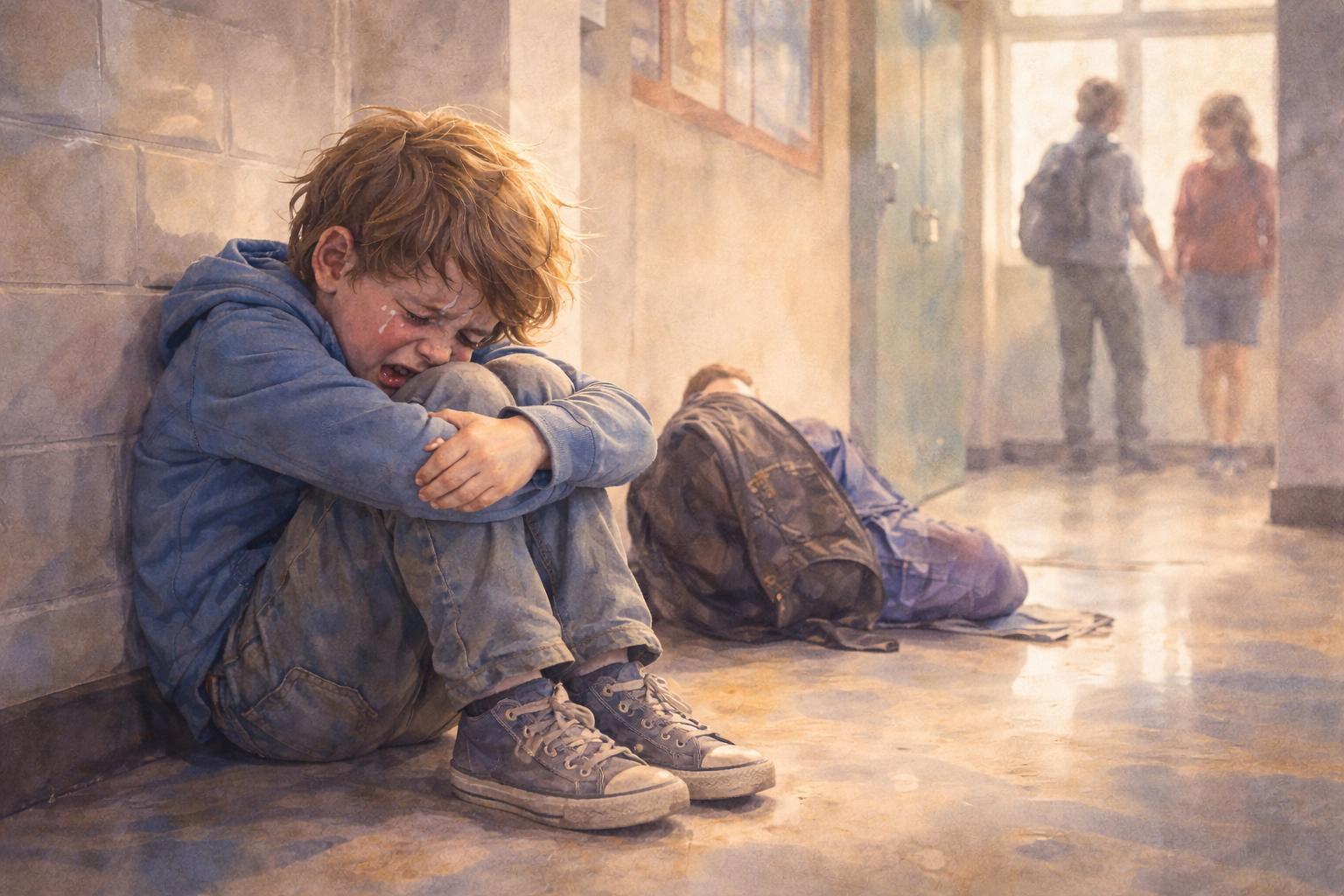 A normal school corridor with a closed door. Behind frosted glass you can see blurred figures. It feels like a normal day, but something serious is happening out of sight.