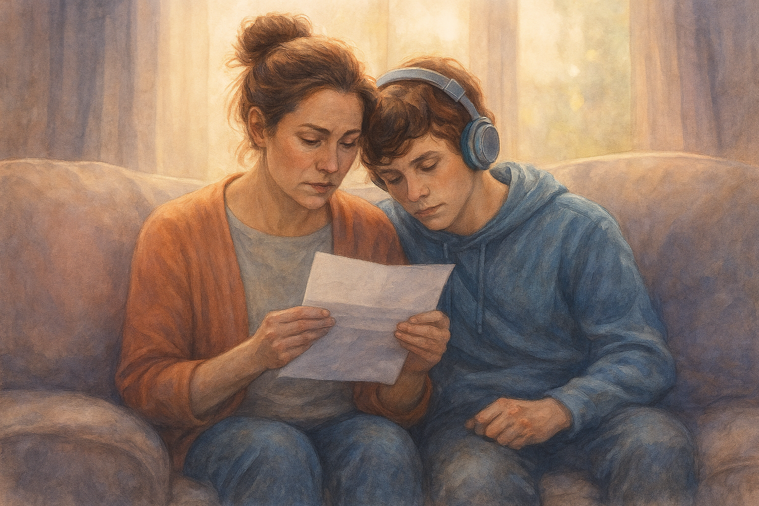 A parent and child reading a letter together