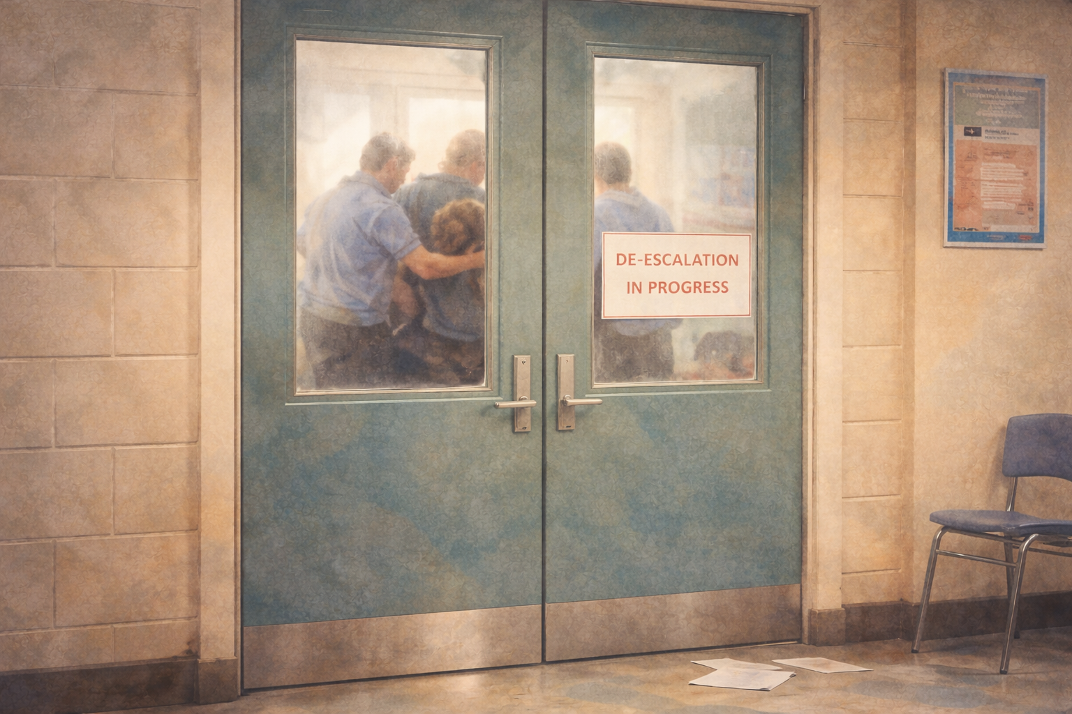 A school setting where staff are physically restraining a distressed child. The scene is controlled but distressing.