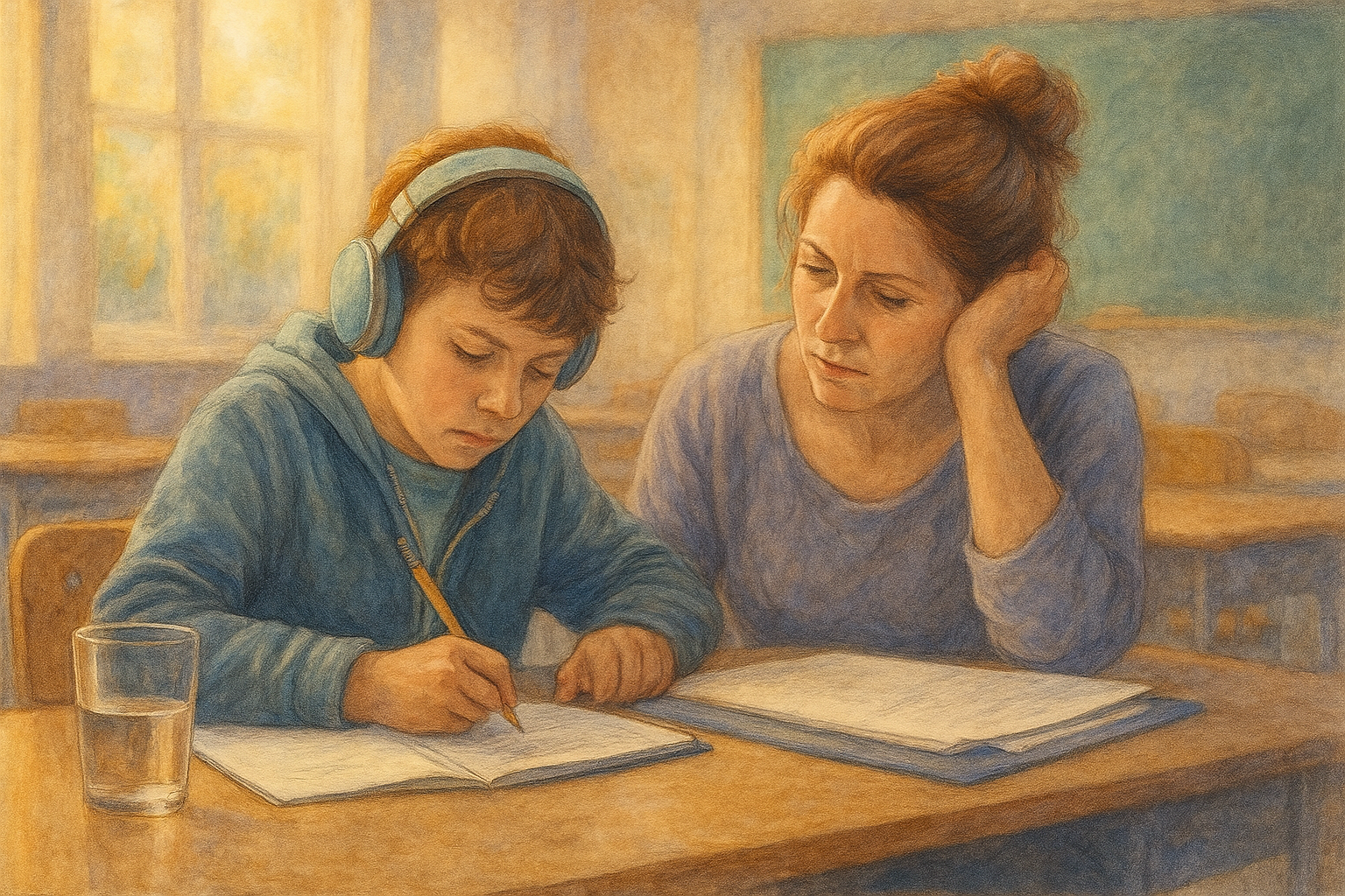 A teacher and child in a classroom setting with calm focus. A normal school day with support needs visible.