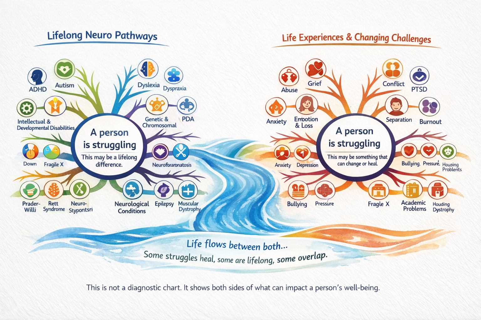 Diagram showing lifelong differences and responses to experience. A person may be affected by one or both.