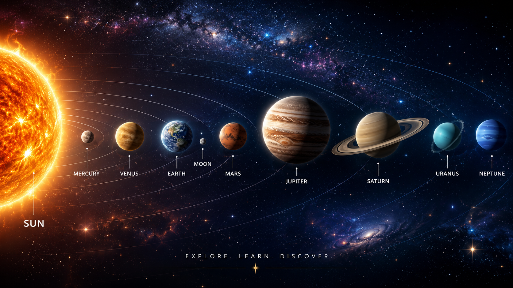Solar System overview showing the Sun, planets and orbital paths