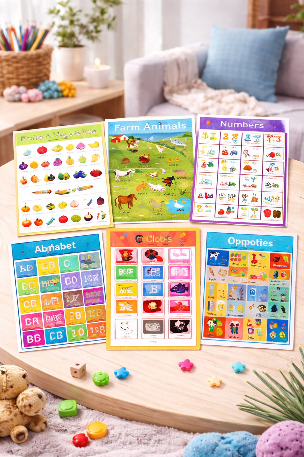 Educational Wall Posters Set for Children Alphabet Numbers Animals and Everyday Learning